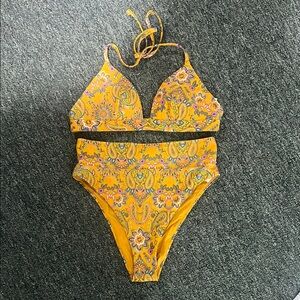 Aerie Yellow Paisley Swimwear bikini high rise cheeky beach pool resort medium